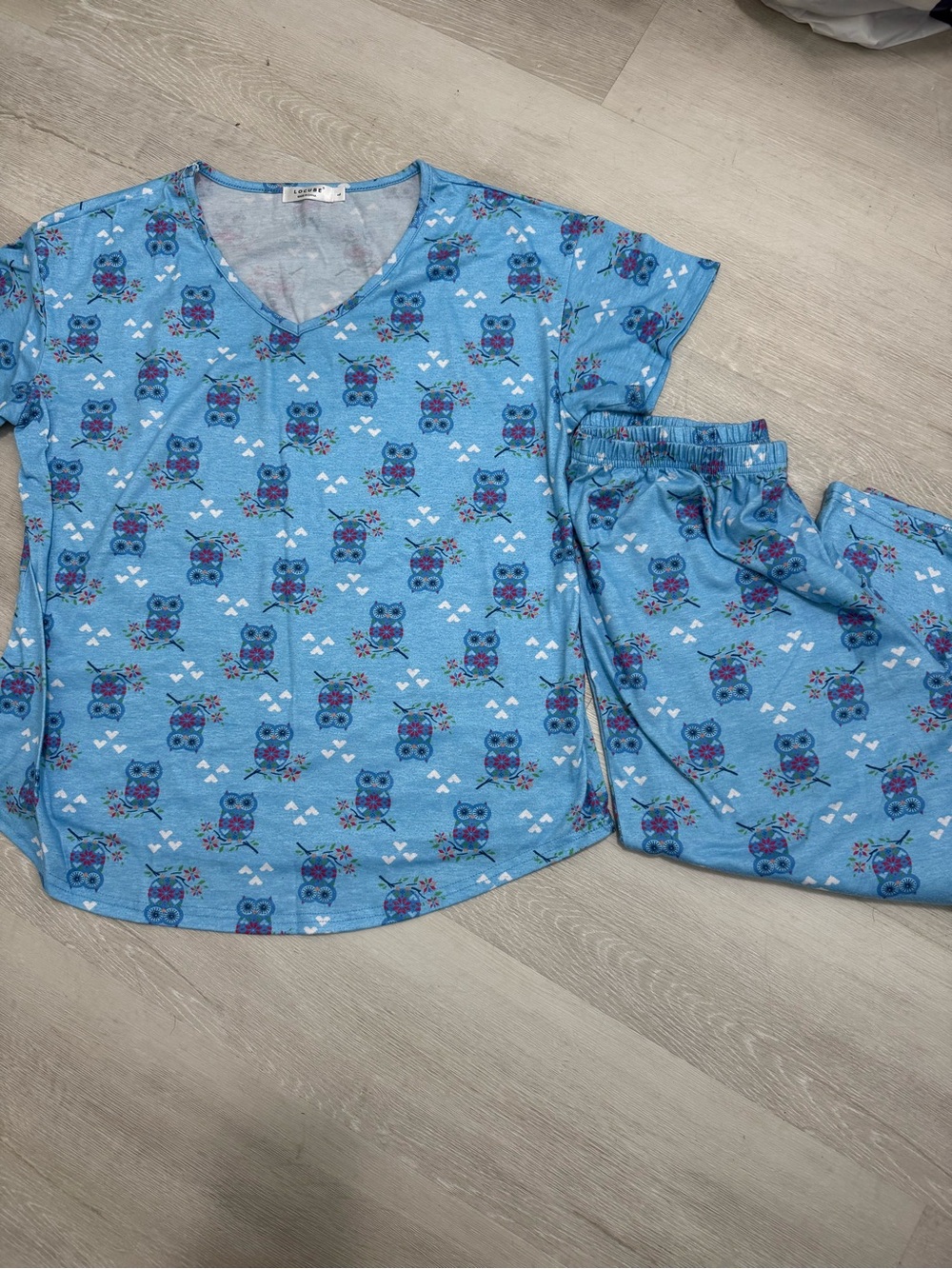 Blue Owl-Print Short Sleeve Pajama Set for‎ Women